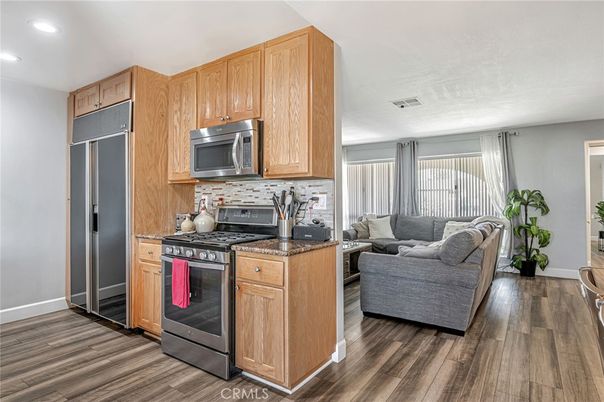 Interior, Kitchen, Living room, Recessed Lighting, Stainless Steel Appliances, Wood Texture Flooring