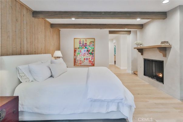 Bedroom, Fireplace, Interior, Recessed Lighting, Wooden Beams, Wood Texture Flooring