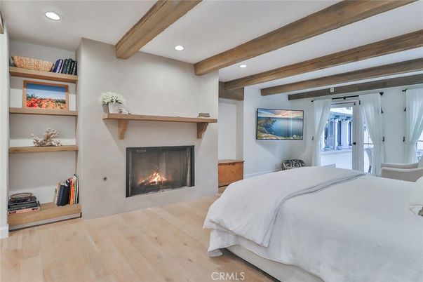 Bedroom, Fireplace, Interior, Recessed Lighting, Wooden Beams, Wood Texture Flooring