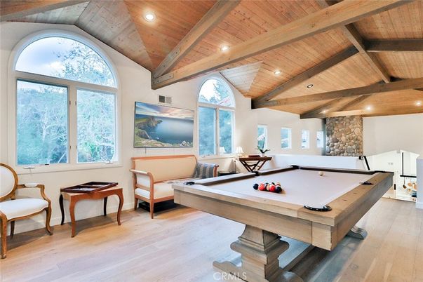Billiard Table, Game Room, Interior, Recessed Lighting, Stone Walls, Wooden Beams, Wooden Ceilings, Wood Texture Flooring