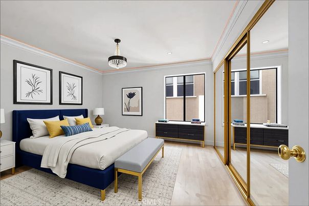 Bedroom, Interior, Pendant Lights, Recessed Lighting, Wood Texture Flooring