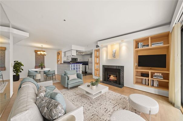Chandelier, Dining room, Fireplace, Interior, Living room, Recessed Lighting, Wood Texture Flooring