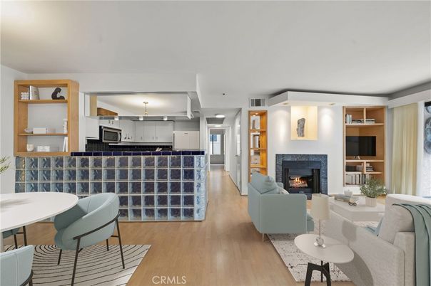 Dining room, Fireplace, Interior, Kitchen, Living room, Recessed Lighting, Wood Texture Flooring