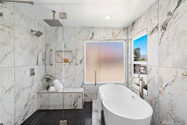 Bathroom, Free Standing Baths, Glass Shower, Interior, Marble Walls, Recessed Lighting
