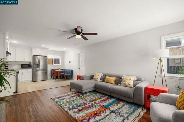 Dining room, Interior, Kitchen, Living room, Recessed Lighting, Stainless Steel Appliances, Wood Texture Flooring
