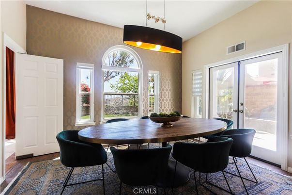 Dining room, Interior, Pendant Lights, Wood Texture Flooring