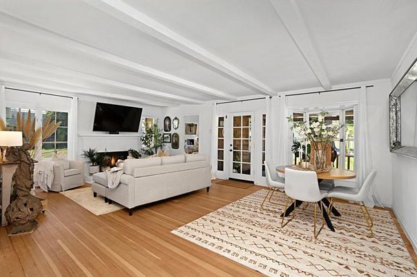 Dining room, Fireplace, Interior, Living room, Wood Texture Flooring