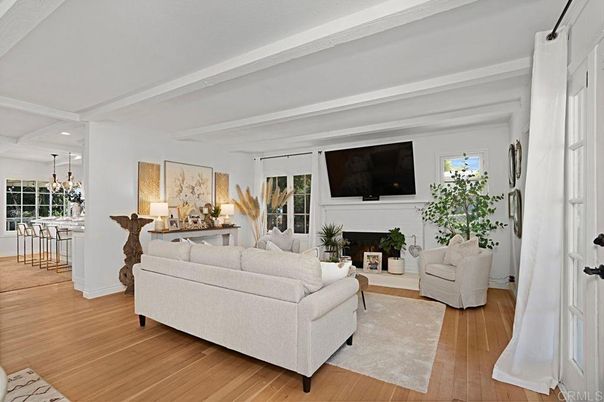 Fireplace, Interior, Kitchen, Living room, Pendant Lights, Recessed Lighting, Wood Texture Flooring
