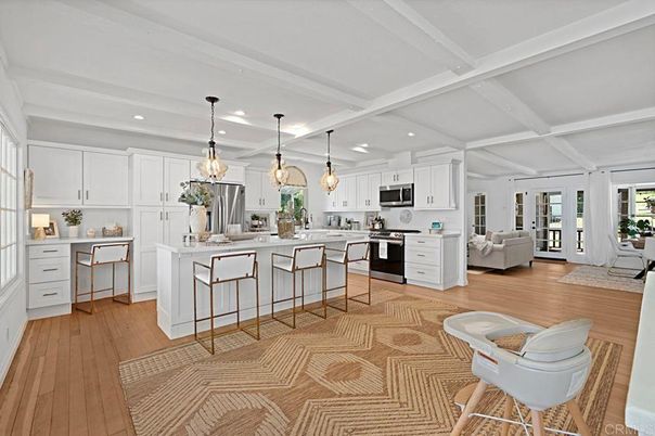 Interior, Kitchen, Living room, Pendant Lights, Recessed Lighting, Stainless Steel Appliances, Wood Texture Flooring