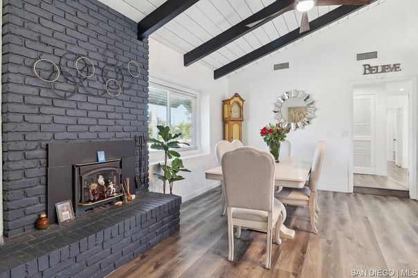 Dining room, Fireplace, Interior, Stone Walls, Wooden Beams, Wood Texture Flooring