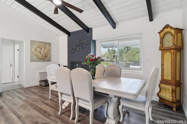 Dining room, Fireplace, Interior, Stone Walls, Wooden Beams, Wood Texture Flooring
