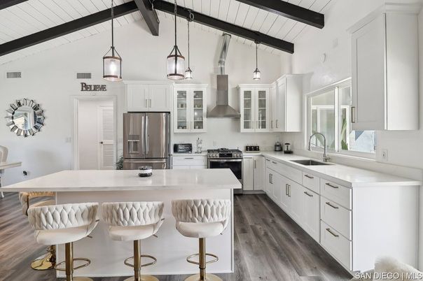 Interior, Kitchen, Pendant Lights, Stainless Steel Appliances, Wooden Beams, Wood Texture Flooring