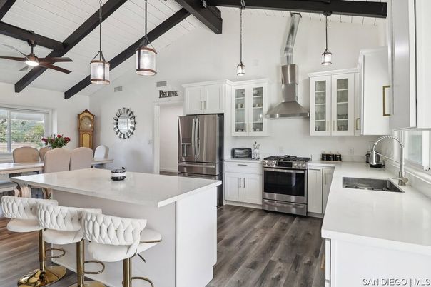 Interior, Kitchen, Pendant Lights, Stainless Steel Appliances, Wooden Beams, Wood Texture Flooring