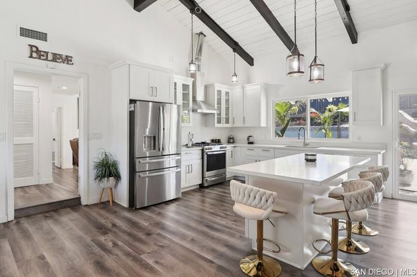 Interior, Kitchen, Pendant Lights, Stainless Steel Appliances, Wooden Beams, Wood Texture Flooring