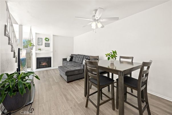 Dining room, Fireplace, Interior, Wood Texture Flooring