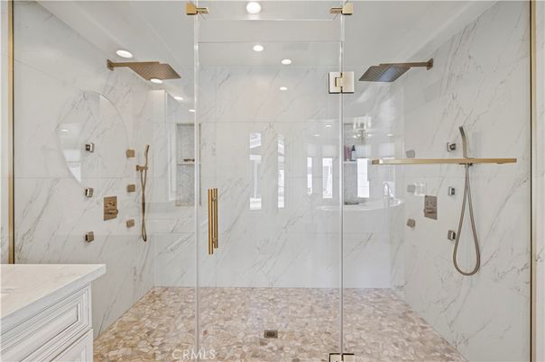 Bathroom, Glass Shower, Interior, Marble Walls, Recessed Lighting