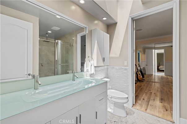Bathroom, Glass Shower, Interior, Recessed Lighting, Wood Texture Flooring
