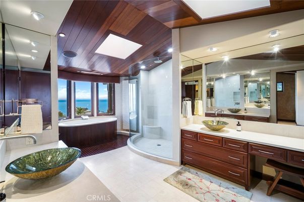 Bathroom, Dual Sink Vanities, Glass Shower, Interior, Recessed Lighting, Water, Wooden Ceilings