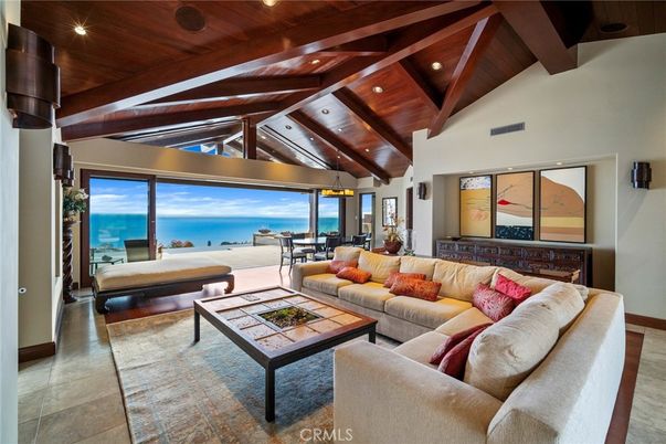 Dining room, Interior, Living room, Pendant Lights, Recessed Lighting, Water, Wooden Beams, Wooden Ceilings