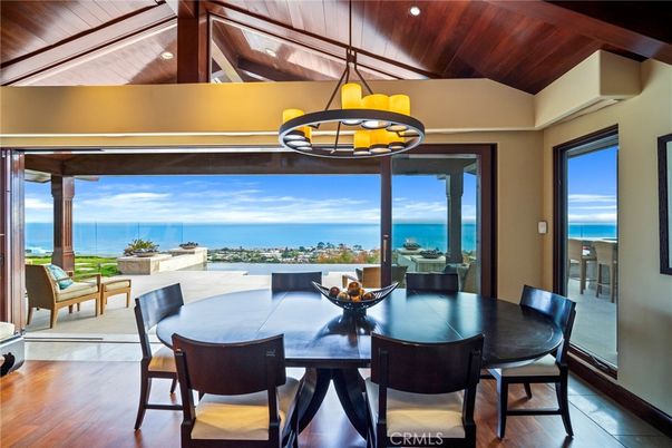 Dining room, Interior, Pendant Lights, Recessed Lighting, Water, Wooden Beams, Wooden Ceilings, Wood Texture Flooring