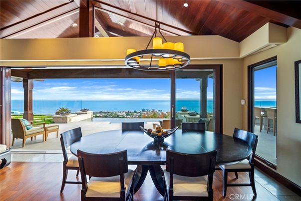 Dining room, Interior, Pendant Lights, Recessed Lighting, Water, Wooden Beams, Wooden Ceilings, Wood Texture Flooring