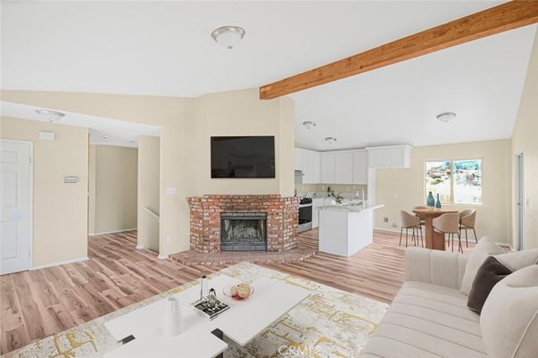 Dining room, Fireplace, Interior, Kitchen, Living room, Wooden Beams, Wood Texture Flooring