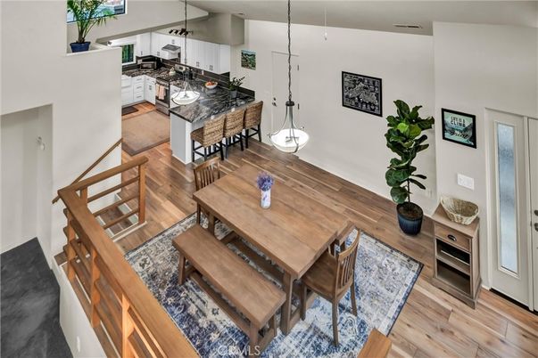 Dining room, Interior, Kitchen, Pendant Lights, Wood Texture Flooring