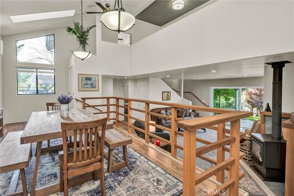 Dining room, Fireplace, Interior, Pendant Lights, Recessed Lighting, Wood Texture Flooring