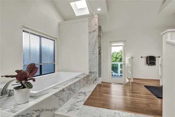 Bathroom, Interior, Marble, Marble Walls, Recessed Lighting, Wood Texture Flooring