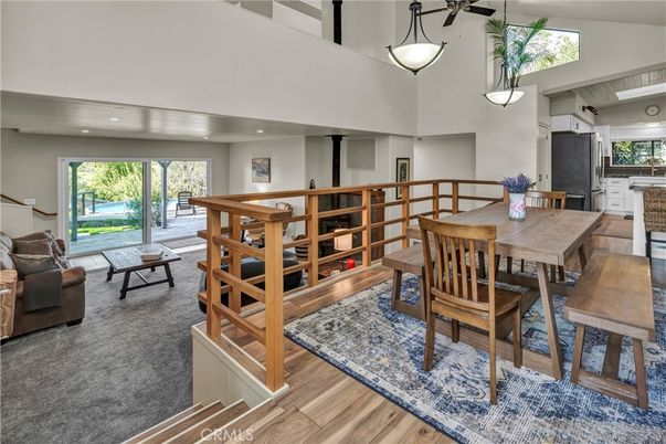 Dining room, Interior, Pendant Lights, Recessed Lighting, Wood Texture Flooring