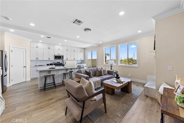 Interior, Kitchen, Living room, Recessed Lighting, Stainless Steel Appliances, Wood Texture Flooring