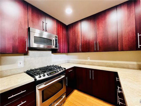 Interior, Kitchen, Recessed Lighting, Stainless Steel Appliances, Wood Texture Flooring