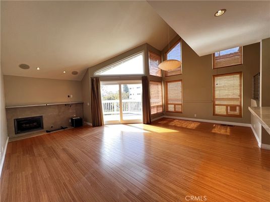 Empty room, Fireplace, Interior, Pendant Lights, Recessed Lighting, Wood Texture Flooring