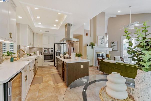 Fireplace, Interior, Kitchen, Living room, Recessed Lighting, Stainless Steel Appliances