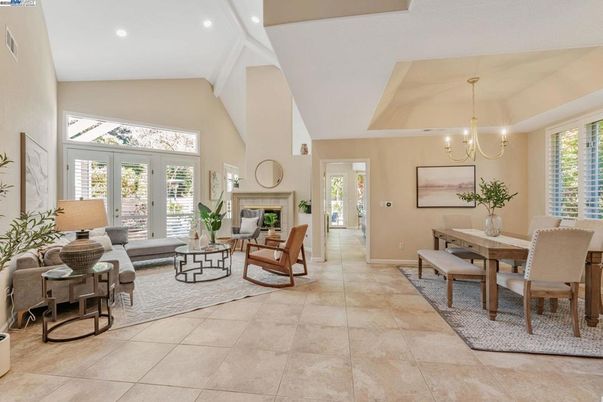 Chandelier, Dining room, Fireplace, Interior, Living room, Recessed Lighting