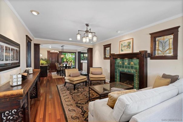 Dining room, Fireplace, Interior, Living room, Pendant Lights, Recessed Lighting, Wood Texture Flooring