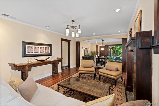 Dining room, Interior, Living room, Pendant Lights, Recessed Lighting, Wood Texture Flooring