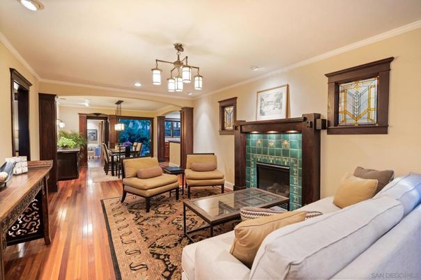 Dining room, Fireplace, Interior, Living room, Pendant Lights, Recessed Lighting, Wood Texture Flooring