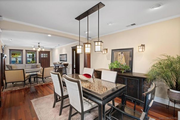 Dining room, Interior, Living room, Pendant Lights, Recessed Lighting, Wood Texture Flooring
