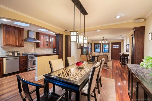 Dining room, Interior, Kitchen, Pendant Lights, Recessed Lighting, Stainless Steel Appliances, Wood Texture Flooring