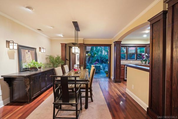 Dining room, Interior, Pendant Lights, Recessed Lighting, Wood Texture Flooring