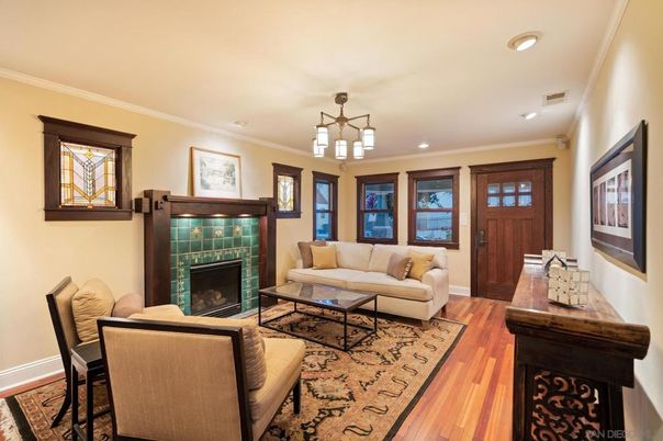 Dining room, Fireplace, Interior, Living room, Pendant Lights, Recessed Lighting, Wood Texture Flooring