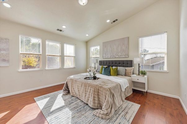 Bedroom, Interior, Recessed Lighting, Wood Texture Flooring