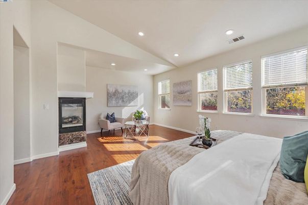 Bedroom, Fireplace, Interior, Recessed Lighting, Wood Texture Flooring