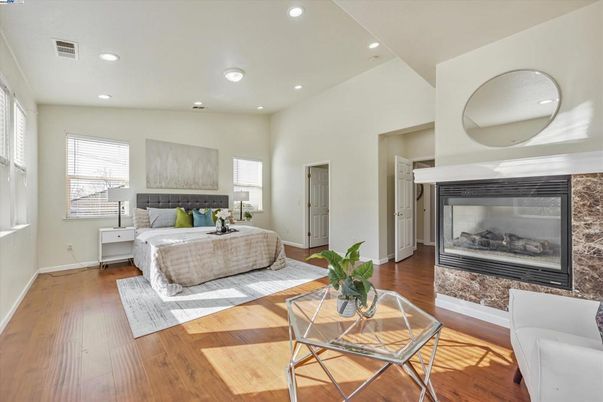 Bedroom, Fireplace, Interior, Recessed Lighting, Wood Texture Flooring