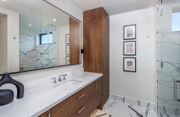 Bathroom, Glass Shower, Interior, Marble, Marble Walls, Recessed Lighting