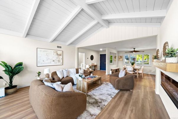 Dining room, Interior, Living room, Recessed Lighting, Wood Texture Flooring