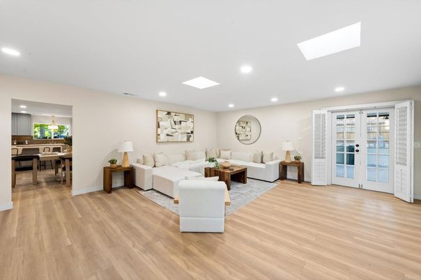 Dining room, Interior, Living room, Recessed Lighting, Wood Texture Flooring