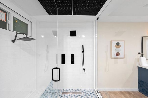 Bathroom, Glass Shower, Interior, Wood Texture Flooring