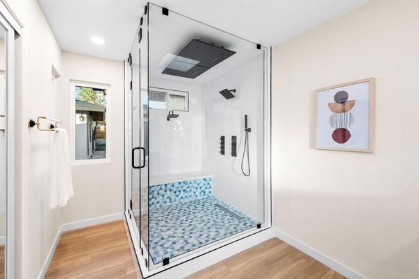 Bathroom, Glass Shower, Interior, Recessed Lighting, Wood Texture Flooring
